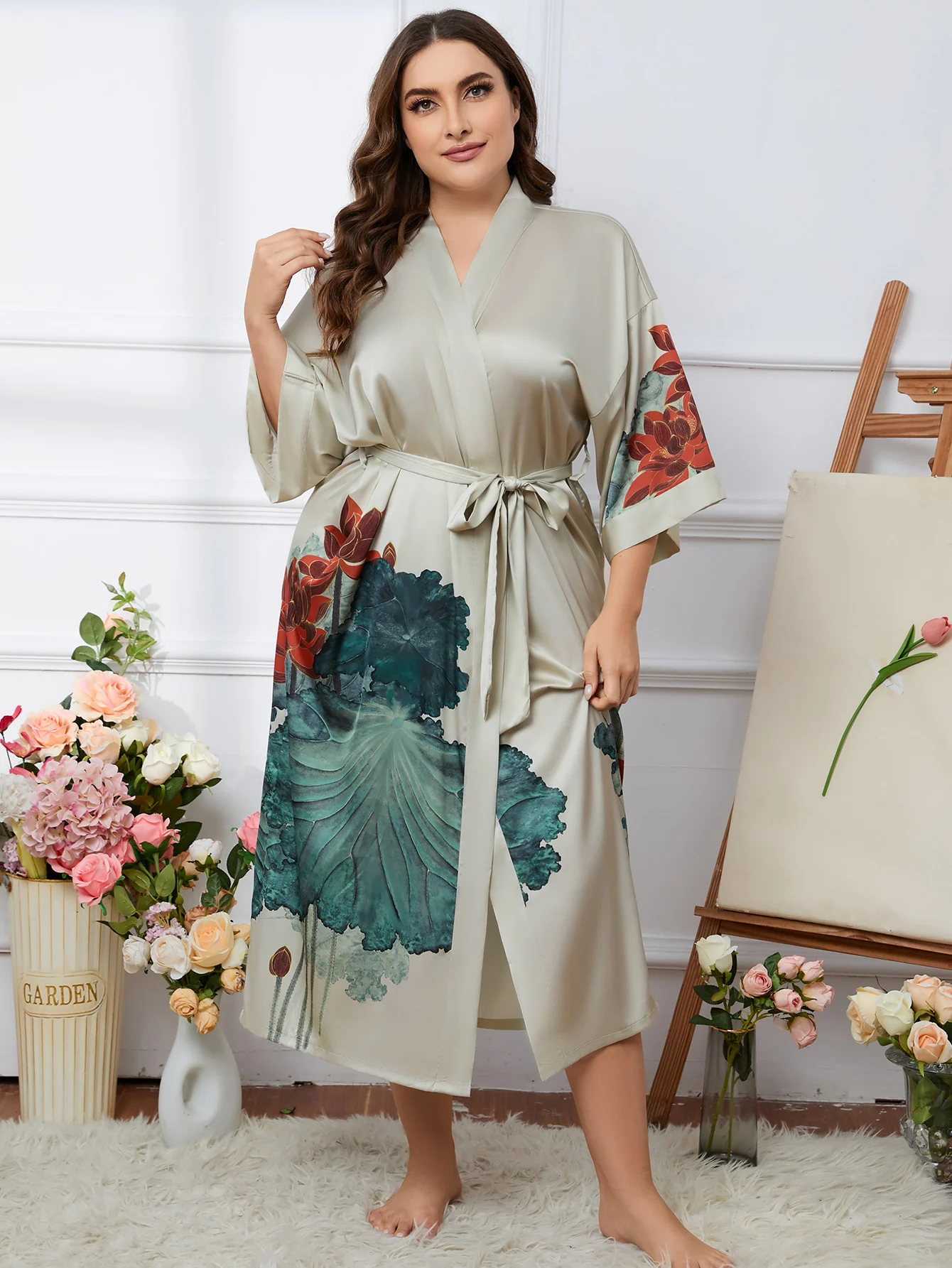 Elegant plus size Ramadan abaya with graphic print and slight stretch for women