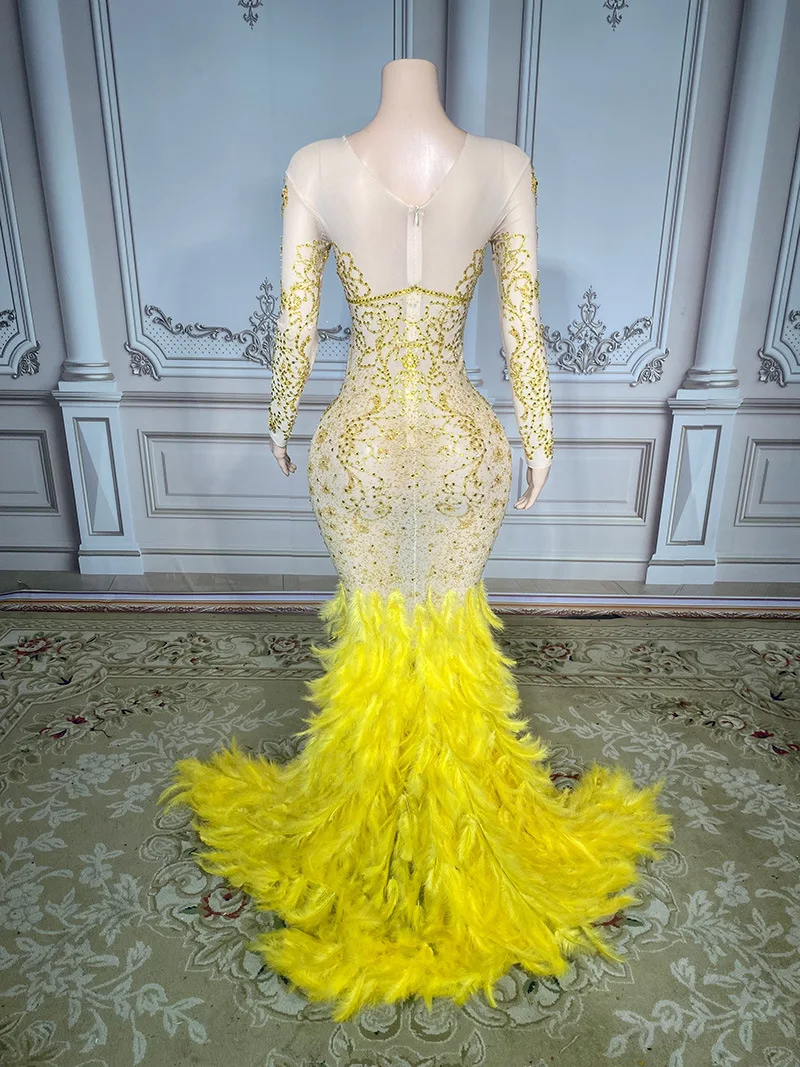 노란색 오라 퀸 깃털 과장된 무대 공연 드레스 레드 카펫 패션쇼 공연 드레스 Vestidos Para Festas De Luxo