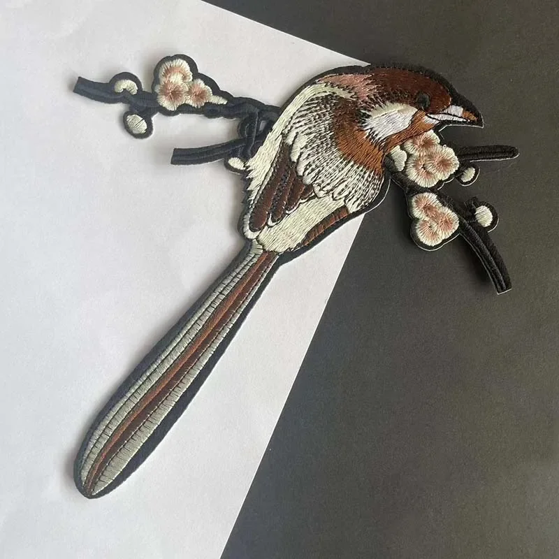 Magpie Plum Blossom Applique Patches Clothes Stickers,fabric Bird Flowers Branches Embroidery Iron on Patch for Clothing,Dress