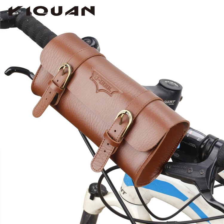 Bolso de montar en bicicleta vintage al por mayor barato, bolso de cuero para manillar de bicicleta delantero
