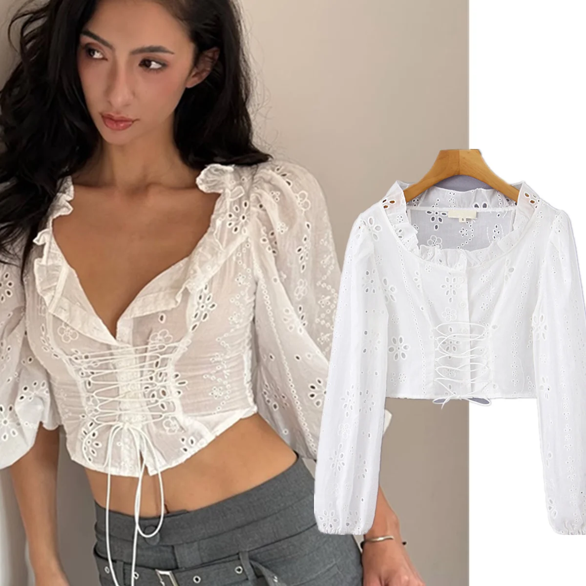 

Jenny&Dave Summer Cropped Shirt French Romantic Elegant V-Neck Cotton White Shirt Blouses Women's Clothes Shirts Tops