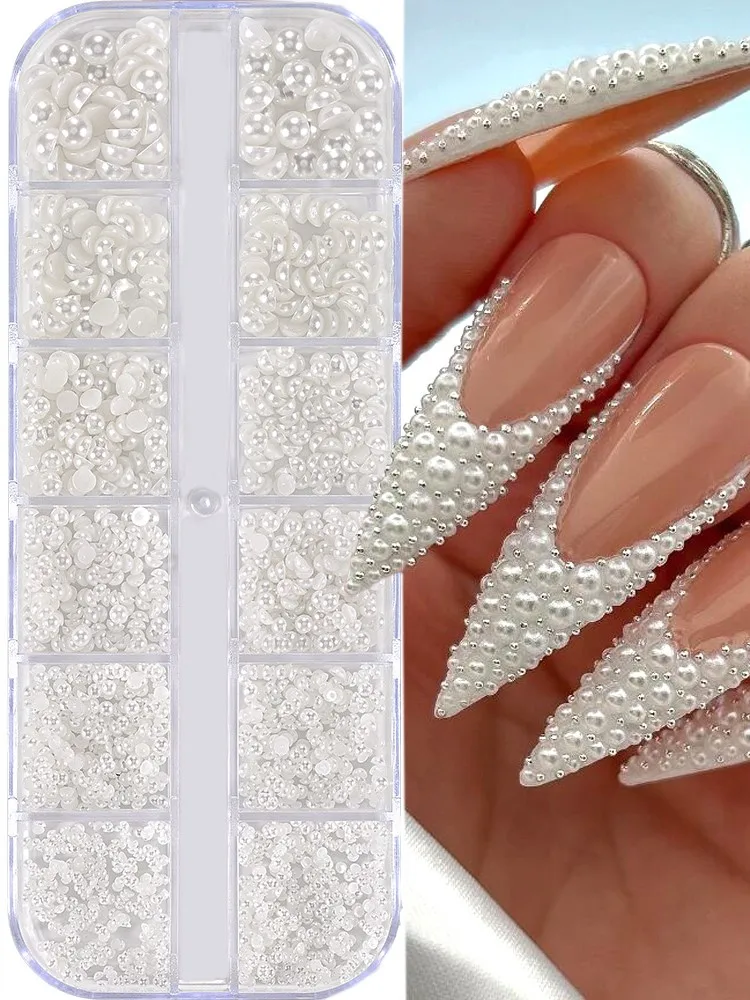 12 grades meia redonda pérolas contas 3d encantos de unhas 1.5/2/2.5/3/4/5mm branco flatback pérolas