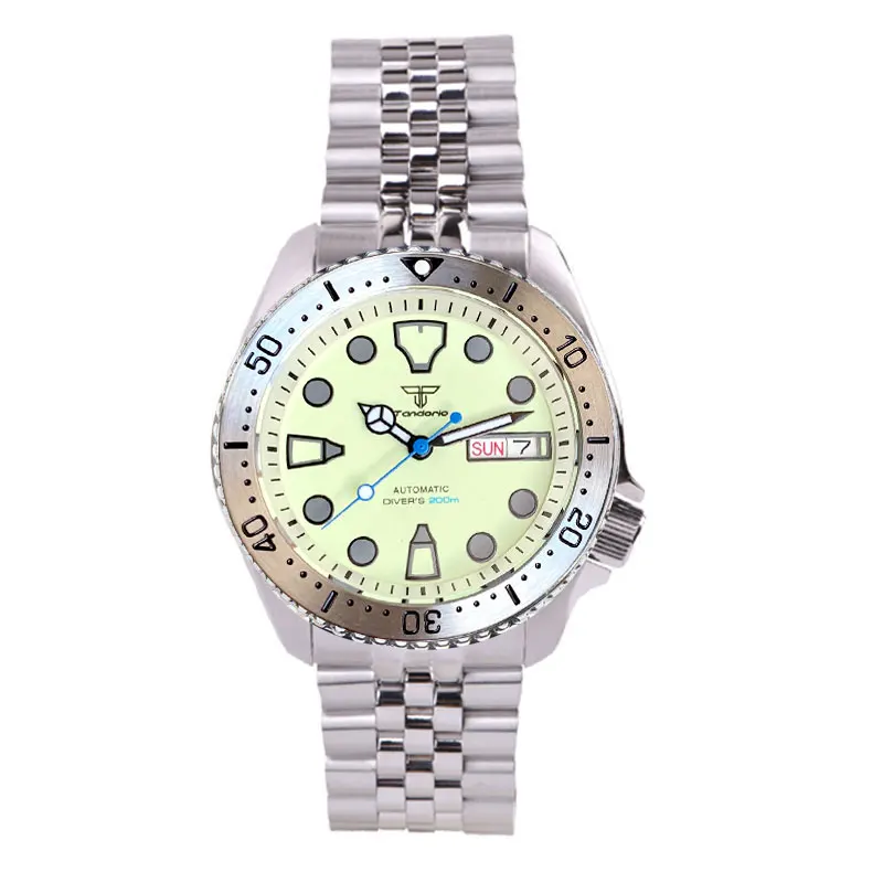 Tandorio 41mm NH36A Mechanical Men Watch 3.8 Crown Full Green Luminous Beige Dial Date/Weekday Window Jubilee Bracelet image 3