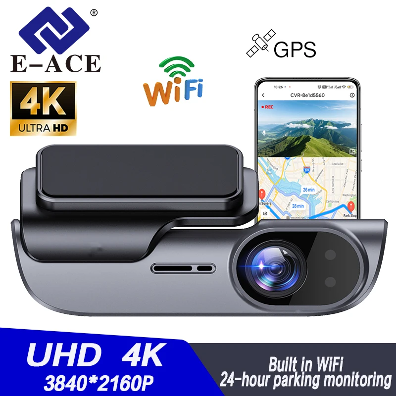 

E-ACE UHD 4K Bulit In WIFI DashCam Support GPS G-SensorNight Vision Video Recorder Black Box Car DVR Optional 24H Parking