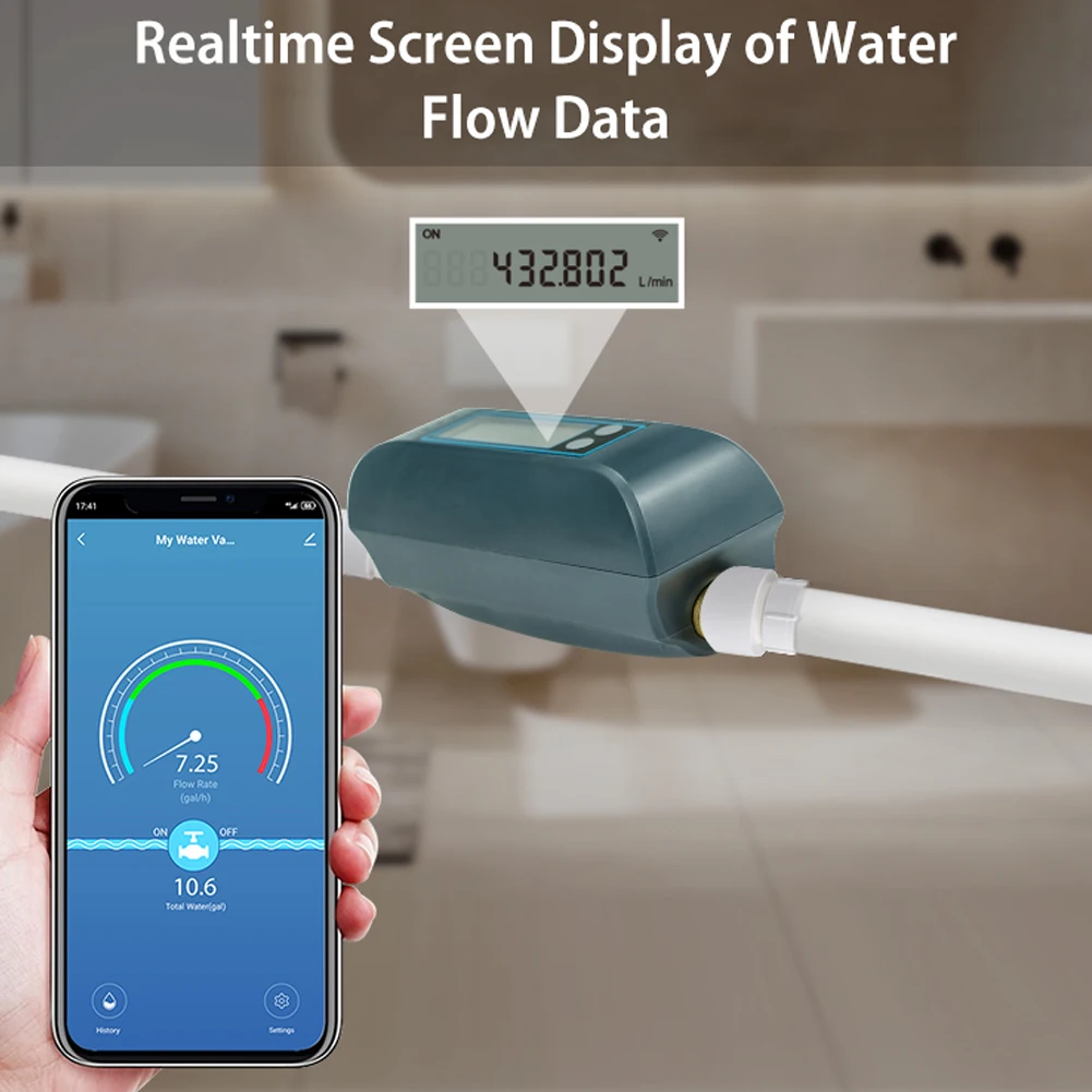 Tuya WiFi Intelligent Watervalve Dual-Band Flowrate Meter Mobilephone APP Control Efficient Home Water Management Device