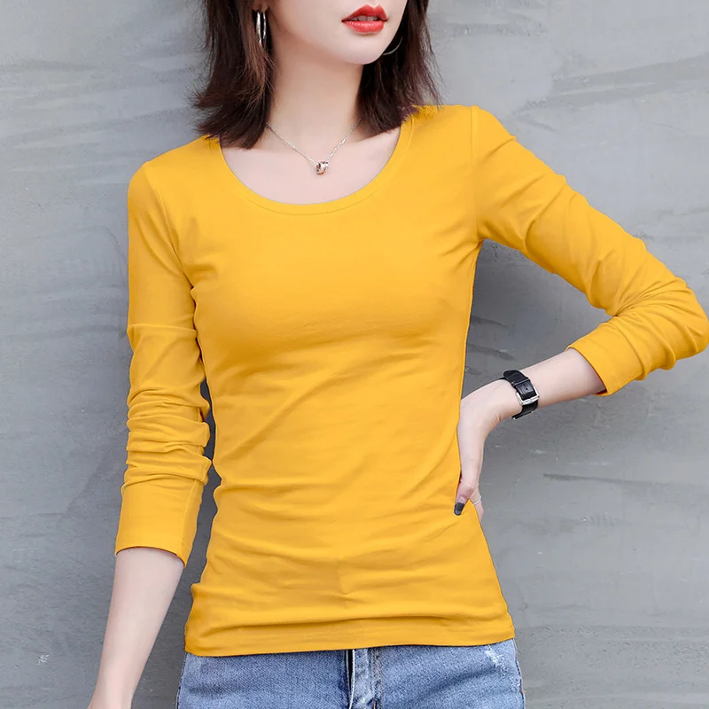 Autumn Winter Ladies Pure Color Long Sleeve T-shirt Slim Fit Warm Innerwear Versatile Top Shirt Base Shirt