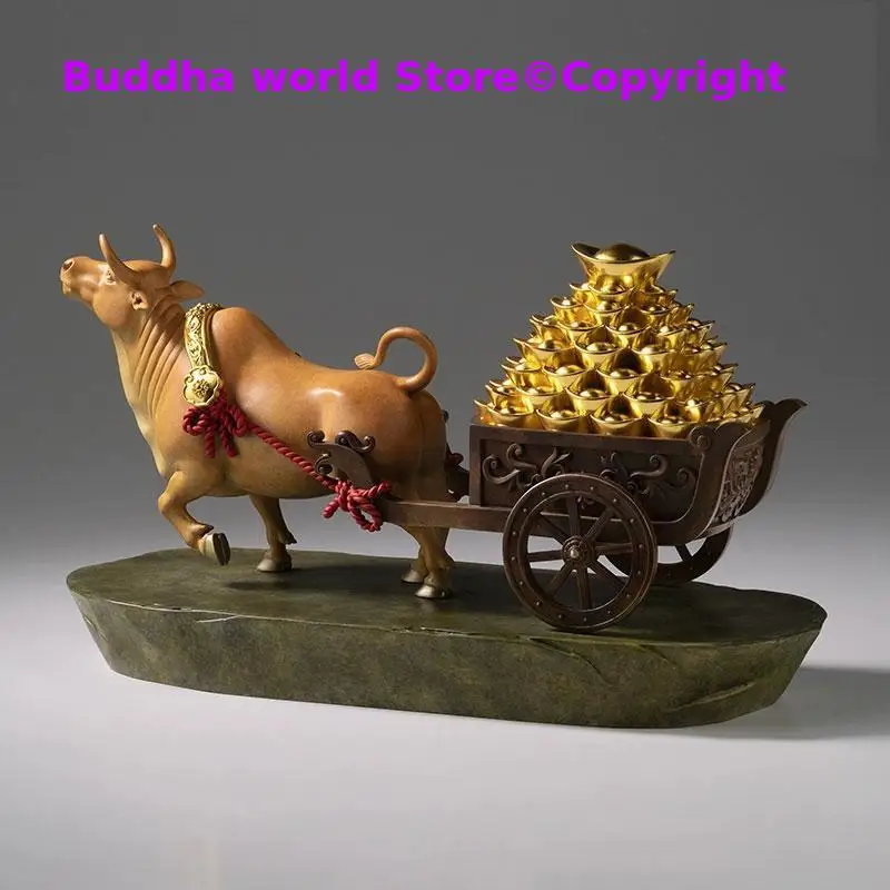 Global Limited TOP lucky Bronze Sculpture art copper Wealth gold Bull Cart 100% Handmade HOME DECOR office decoration Boss gift