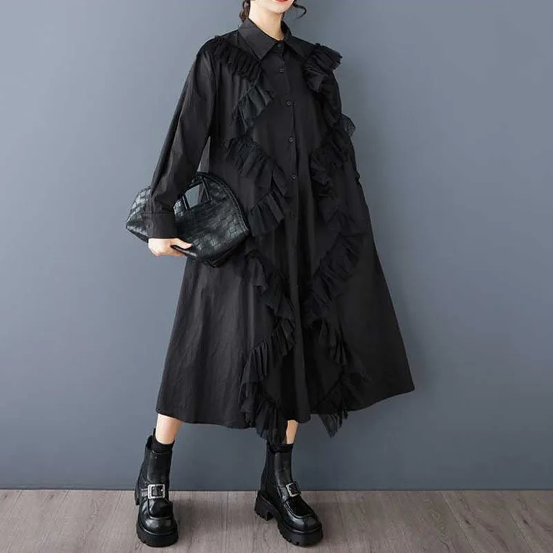 Hksh primavera outono nova camisa feminina vestido babados malha retalhos único breasted manga longa ins casual vestidos de grandes dimensões hk13768