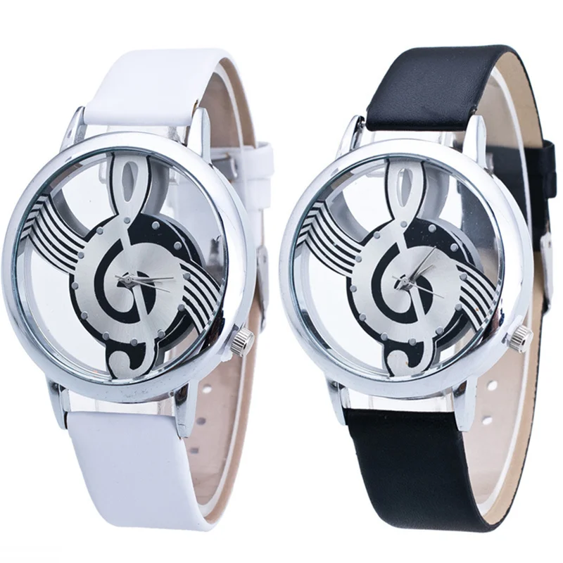 Fashion Hollow Muziek Vorm Horloge Ronde Wijzerplaat Exquisite Wit Zwart Leer Toevallige Vrouwen Eenvoudige Horloge Relojes Drop Shipping