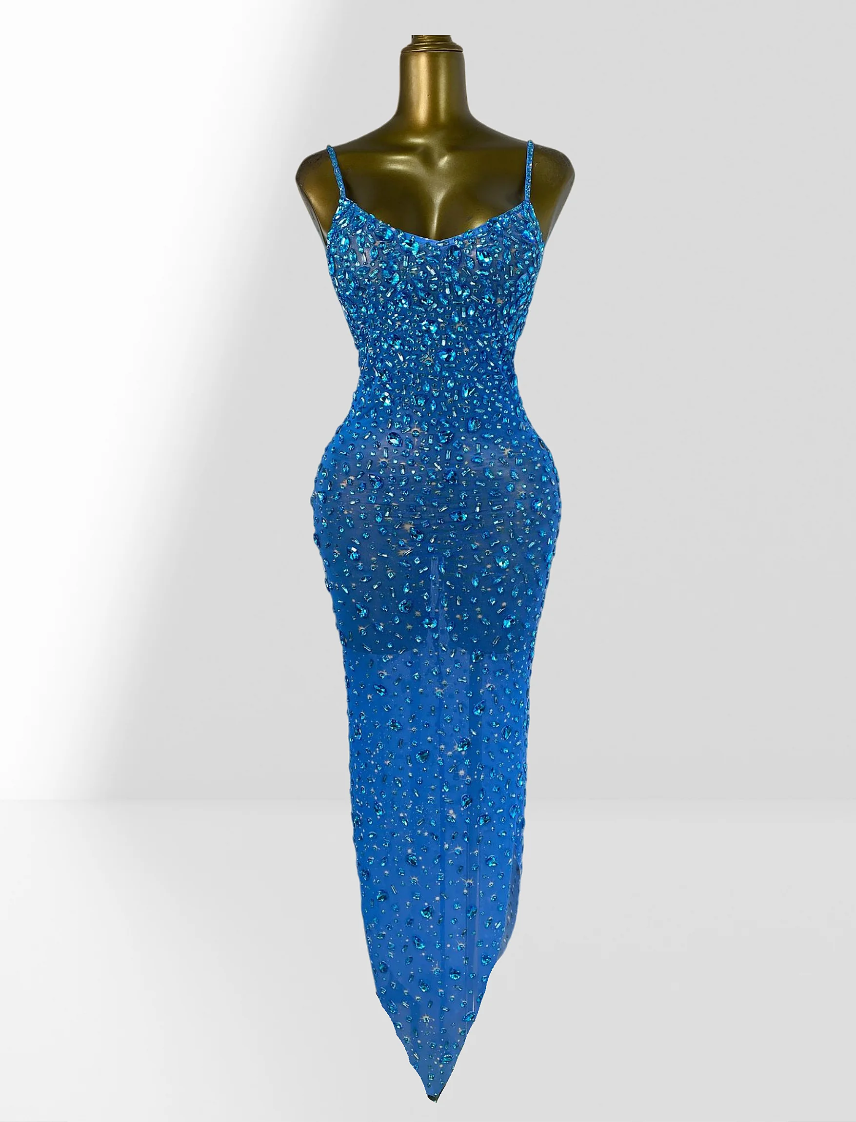 Luxury Sparkling Diamonds Mesh Sexy Throug Spaghetti Strap Dress  Fashion Woman Birthday Party Dress Stage Performance Costume