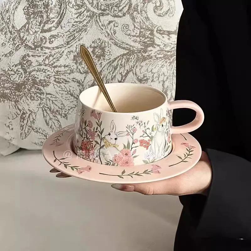 Vintage Oil Painting Like Flower Rabbit Coffee Cup And Plate Set, Ceramic Coffee Cup Gift Box Set, High-End Feeling Souvenir