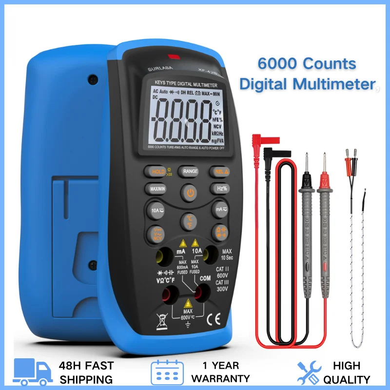 

BT-42B TRMS 6000 Count Digital Multimeter, Push Button Design, Auto-Ranging Ohm Volt Amp Cap Hz Diode Voltage Temp Continuity