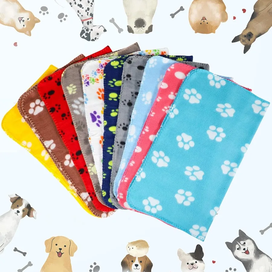 犬と猫用の足跡デザイン入りペットブランケット10枚、柔らかく暖かいフリース素材のスリープマットパッドベッドカバー、子猫や子犬用