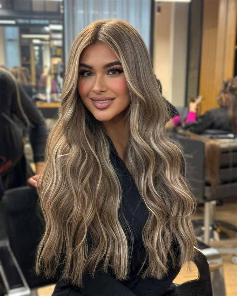 

Caramel blonde wig DArk Ash Blonde Highlights Long Lace Frontal Wigs Synthetic Futura Wig on the net HD Candy balayage wig Sale