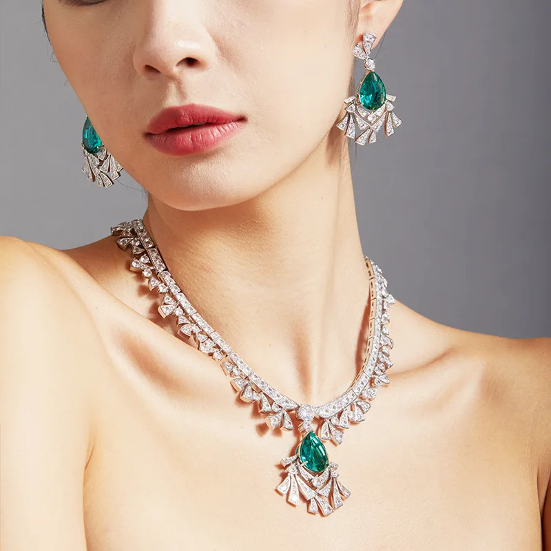 

Top Grade Temperament AAA Zircon designer Necklace For Women Luxury Green Drop Earrings Wedding Evening Dress Jewelry Set