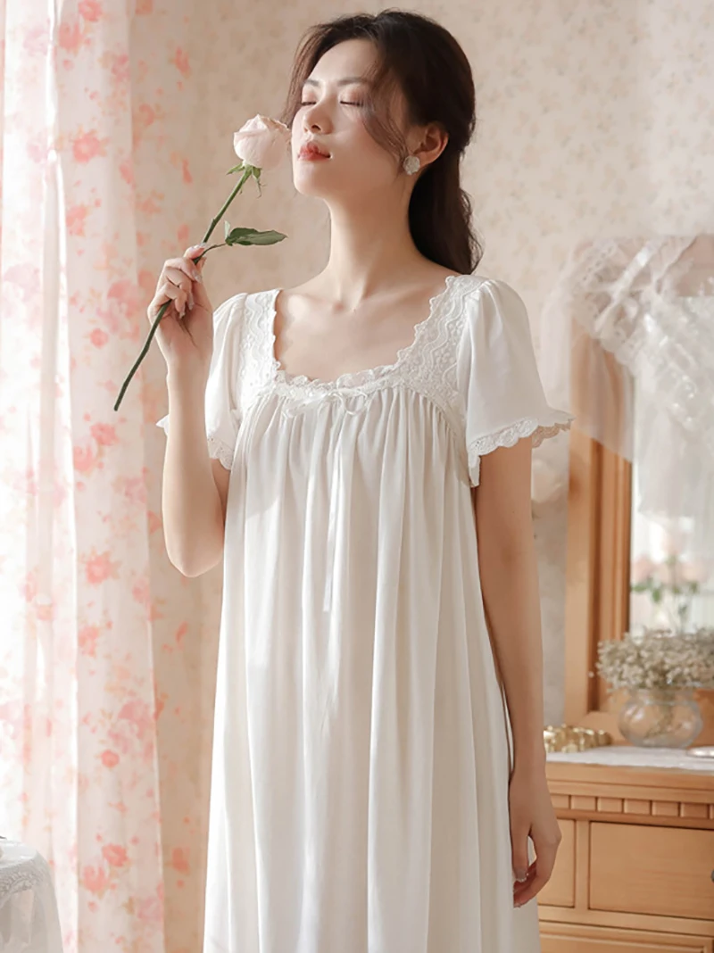 Women Summer Short Sleeve Ruffles Romantic Victorian Nightdress Cotton Vintage Princess Lace-up Loose Fairy Nightgowns Sleepwear