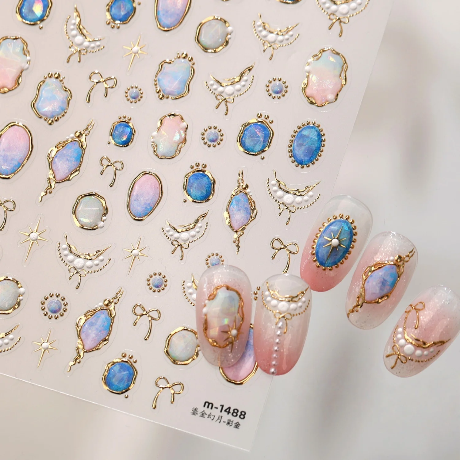 Luxuriöse Edelstein-Nagelaufkleber 5D Goldener Rand Ovaler Opal Regenbogen Perle Mond Perlenkette Schleife Vierfach-Stern Nagelkunst-Sticker Zubehör DIY