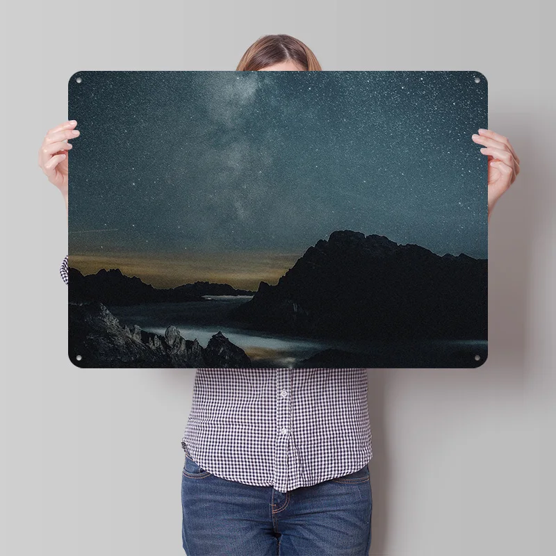 Starry Night Over Mountains and Clouds Poster Retro 3D Printed Metal Signs Customized Wall Hanging Gift for Wand Deko Room Decor