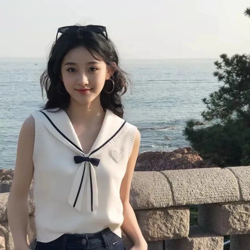 Loja de vendas leite branco gola marinha blusa feminina colete primavera verão nova gola boneca blusa coreano usar colete de malha boa aparência
