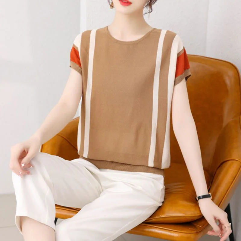 Summer Female Short Sleeve Round Neck Knitted Tops Fashion Commute Striped Spliced Solid Color T-shirt  Fashionable Women's Clot