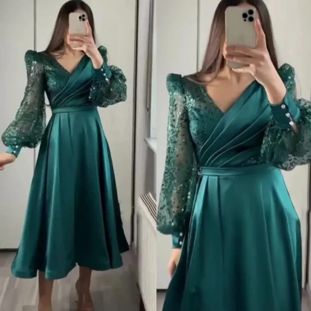 

Satin and Sequin Evening Dresses 2024 New V-Neck Long Puff Sleeves Tea-Length Wedding Party Dresss A-Line Pleats Reception Dress