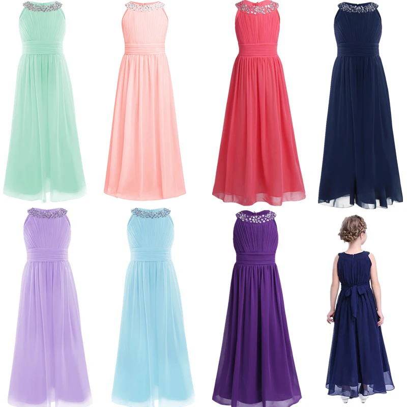 Girls Chiffon Princess Pageant Dress Elegant Floor-Length Sleeveless Flower Girl Dresses Wedding Bridesmaid Birthday Party Dress