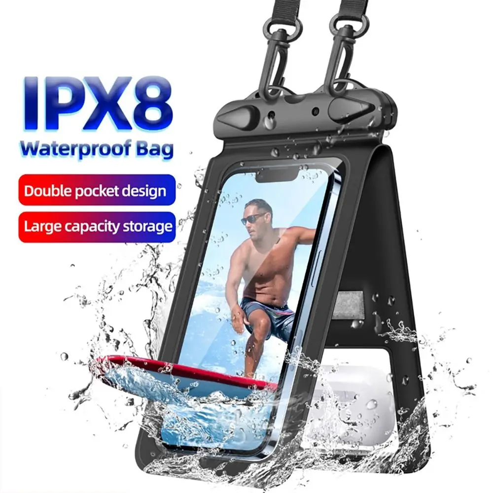 Durable IPX8 Waterproof Waterproof Phone Case Double Hook Type Universal Air Bag Shockproof with Strap Lanyard Hanging Phone Bag