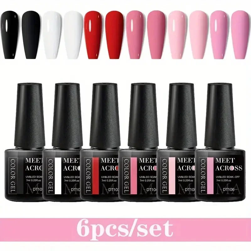 MEET ACROSS 6 Stuks Gel Nagellak Set Roze Rood Groen Macaron Kleur Manicure Kit Voor Nagels UV Gel Nail Art vernis Nagelbenodigdheden