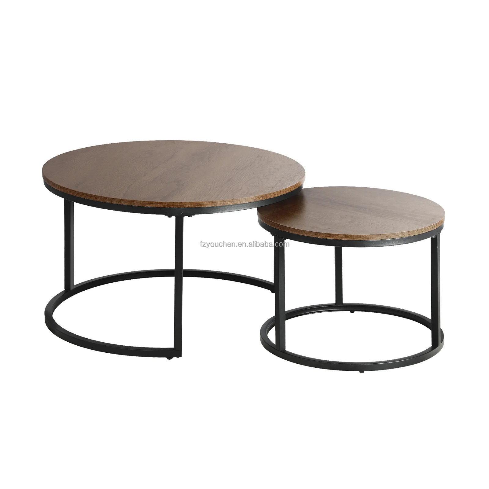 Reclaimed Oak Round Modern Nesting Coffee Set of 2 Living Room Accent Tables with Tabletops and Matte Metal Frame