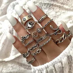 16Pcs/set Retro New Bagua Sun Moon Snake Leaf Flower Joint Ring Set