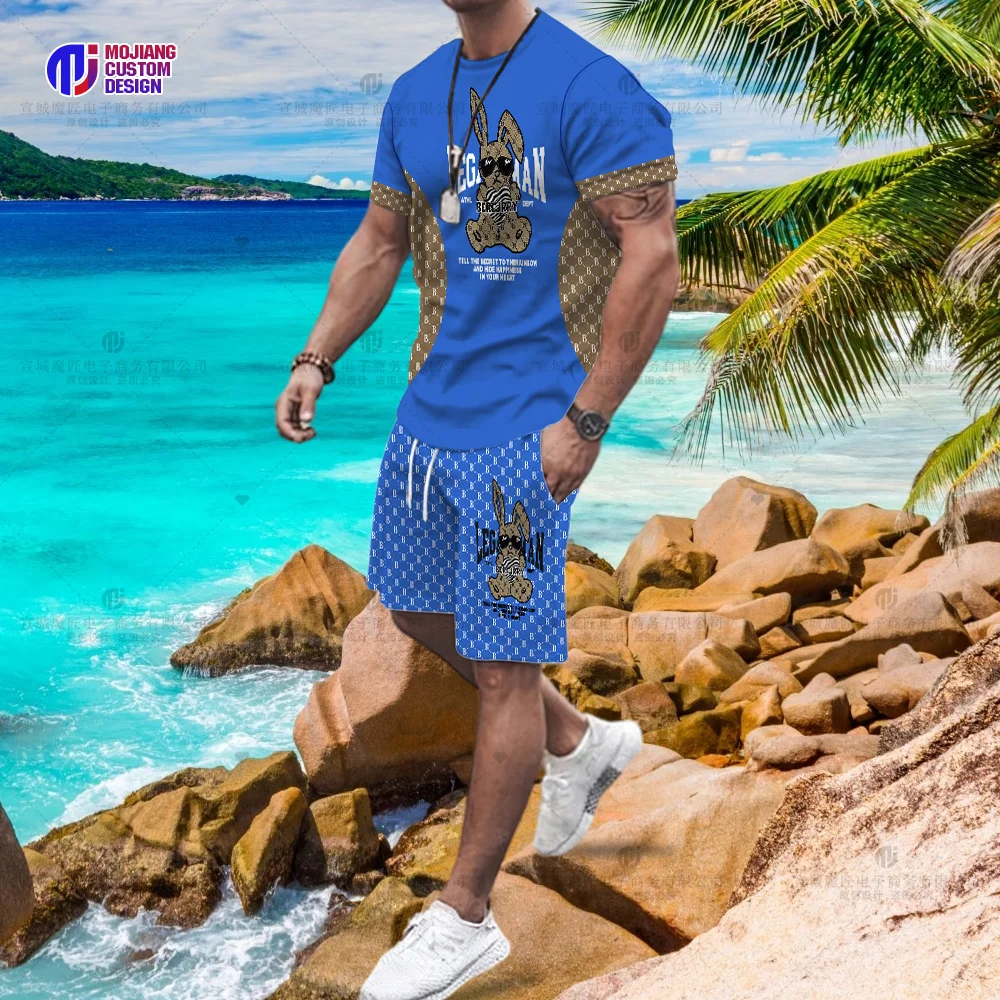 

2024 New Cotton Summer Men's T-Shirt Short Sleeve Rabbit Print Brand Casual Oversized Shorts Hip Hop Street Tops Set