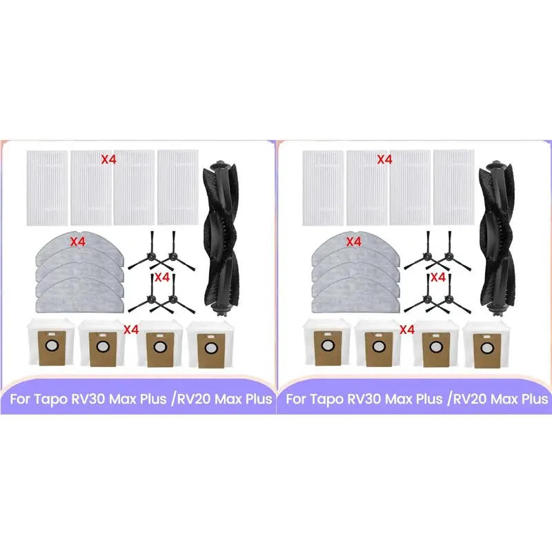 

34PCS For Tapo RV30 Max Plus /RV20 Max Plus Vacuum Parts Main Side Brush Filters Mop Cloth Dust Bags-A57X