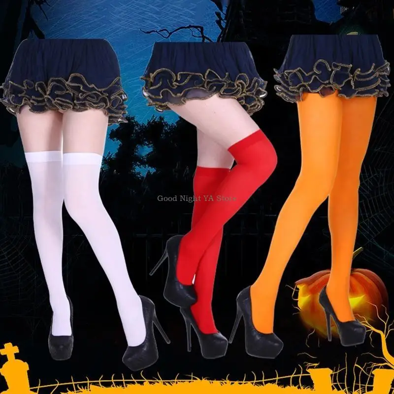 Meias longas coloridas antiderrapantes para mulheres, meias acima do joelho, meias Halloween, cor sólida, opacas, meias altas