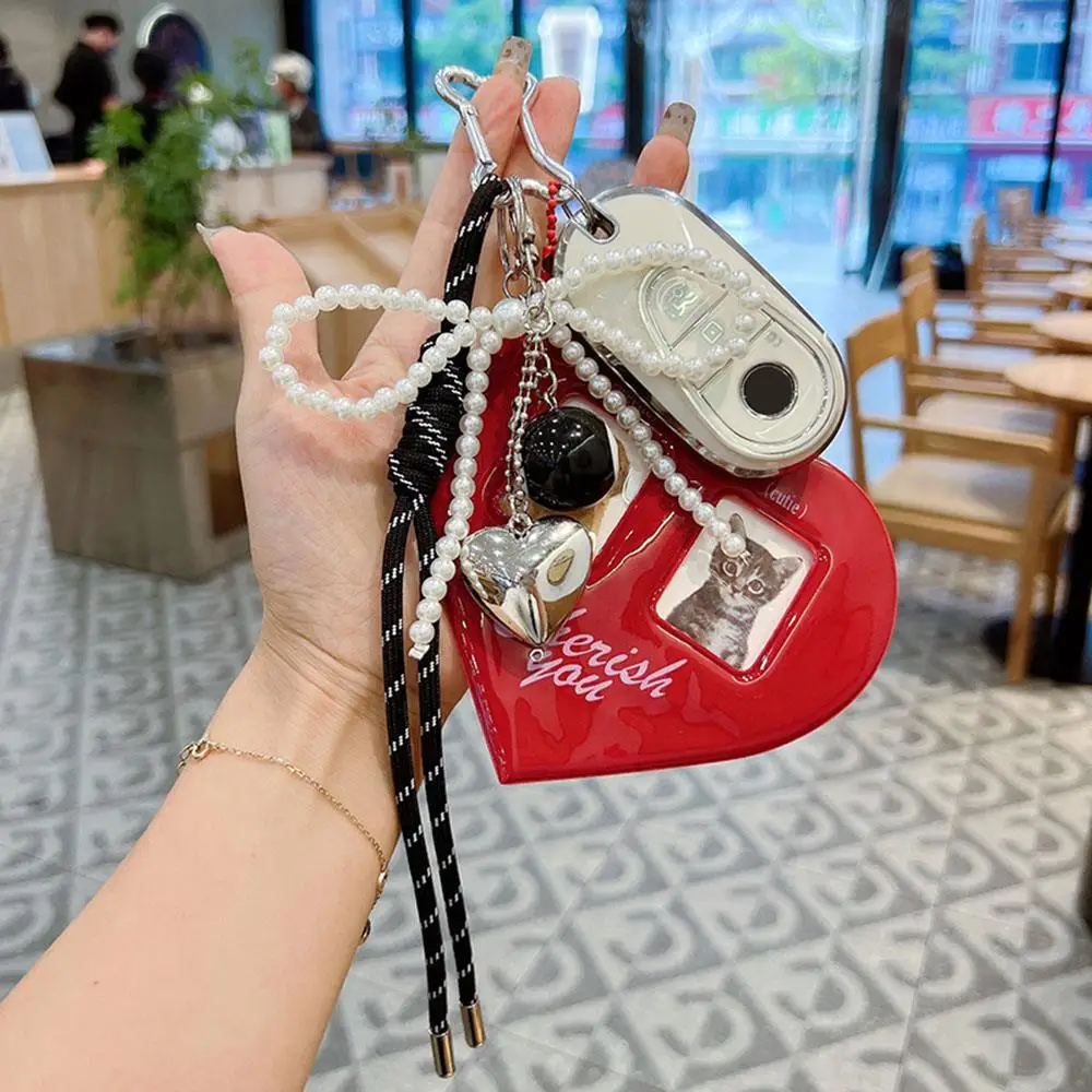 Rode liefde hartvormige fotokaarthouder sleutelhanger DIY nylon handgemaakte touw parel boog hanger idool foto beschermende displayhoezen