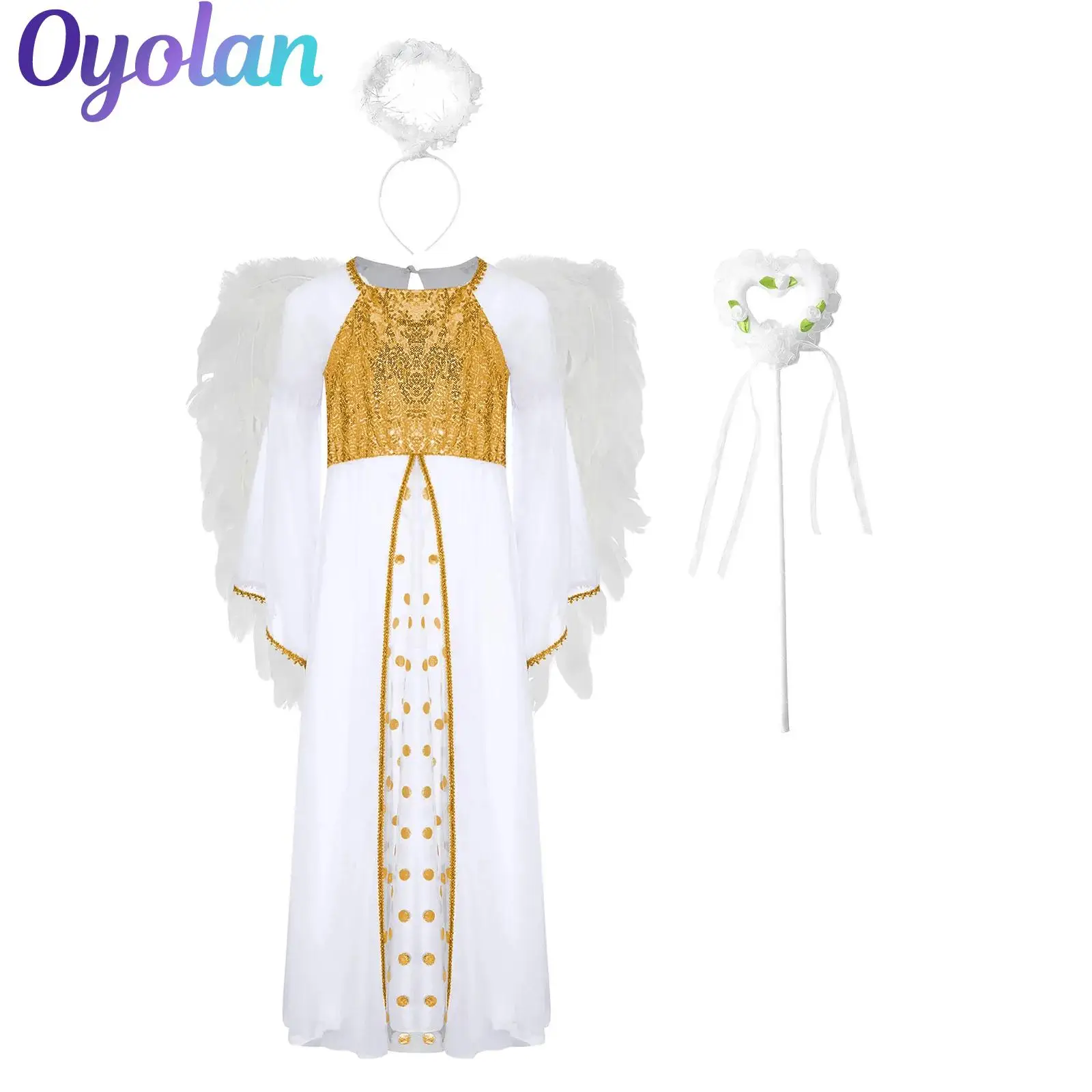 Kids Girls Angel Cosplay Costume Sequins Long Gown Band Flare Sleeve Dress Feather Headband and Fairy Sticks Feather Angel Wings