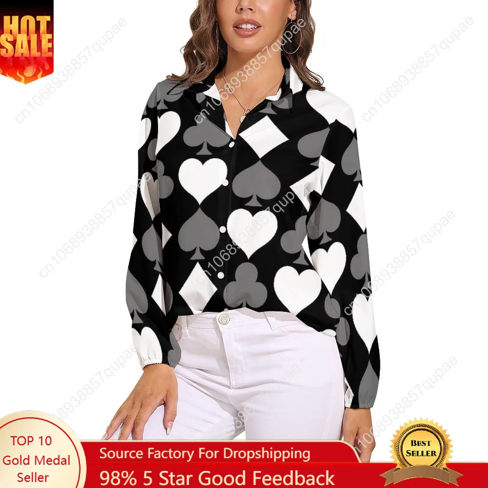 

Poker Cards Print Blouse Female Card Suits Casual Loose Blouses Long-Sleeve Modern Shirt Printed Clothing Large Size