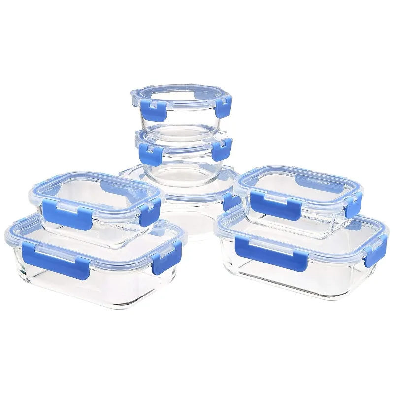 Glass Food Storage Containers with Locking Lids, Set of 14, BPA-Free, clear with blue silicone ring