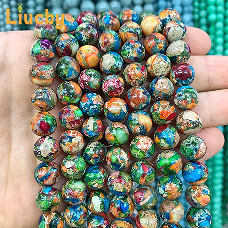 DIY popularne kolczyki dekoracja bransoletka na kostkę kamień naturalny kolorowy cesarz sosna gładkie koraliki do tworzenia biżuterii 15 "nić 4/6/8/10MM