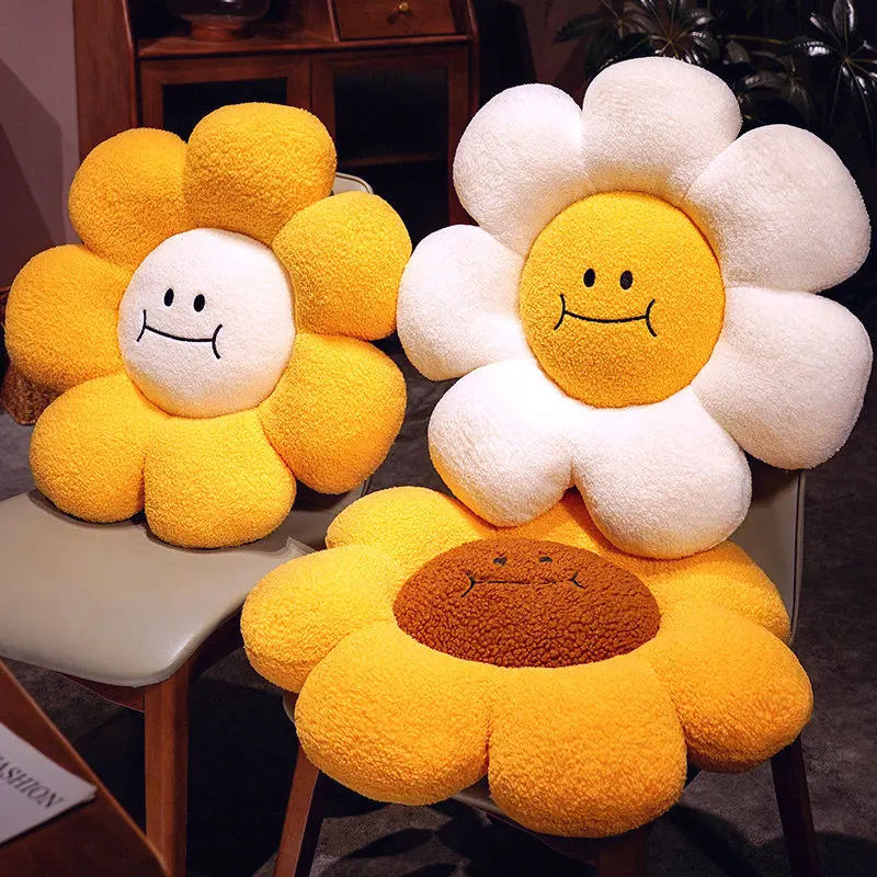 Coussin de chaise en forme de marguerite, fleur blanche douce, en peluche, avec visage souriant, tournesol, décoration de canapé de bureau, oreiller