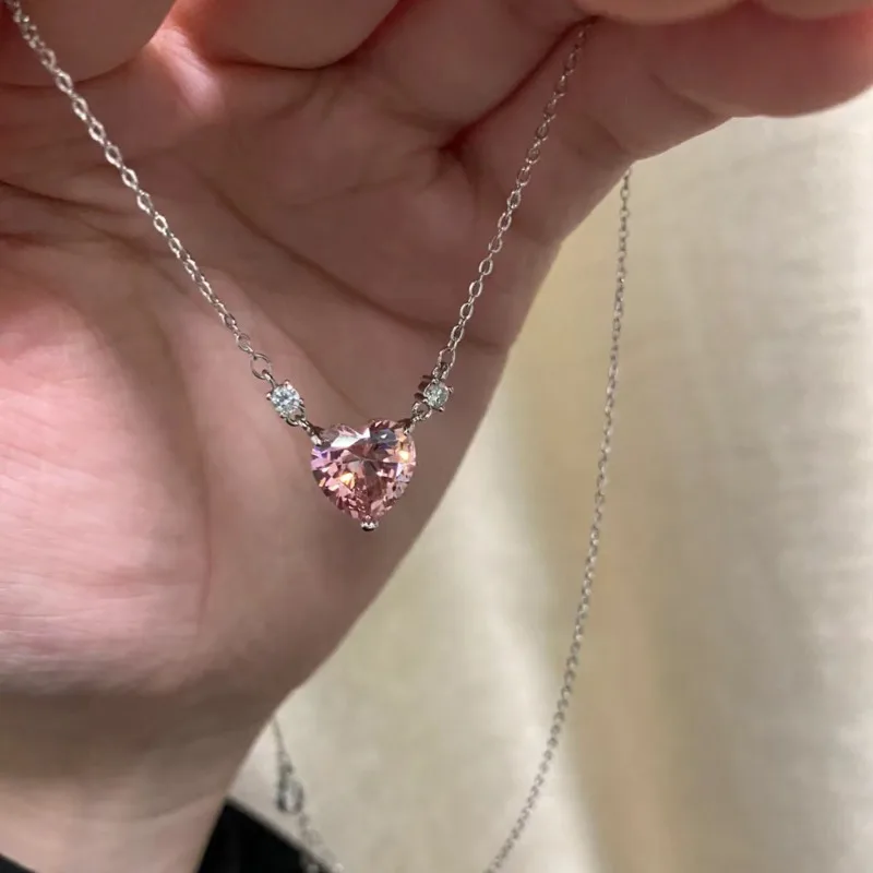 Sweet Luxurious 925 Sterling Silver Pink Heart-shaped Crystal Zircon Pendant Necklace for Woman Korean Collarbone Chain Jewelry