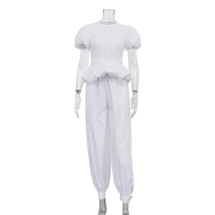 Women's 2026 New Arrival Simple Fashion Casual Set: Bubble Sleeve Round Neck Design Top with Cuffed Pants Two-Piece Set