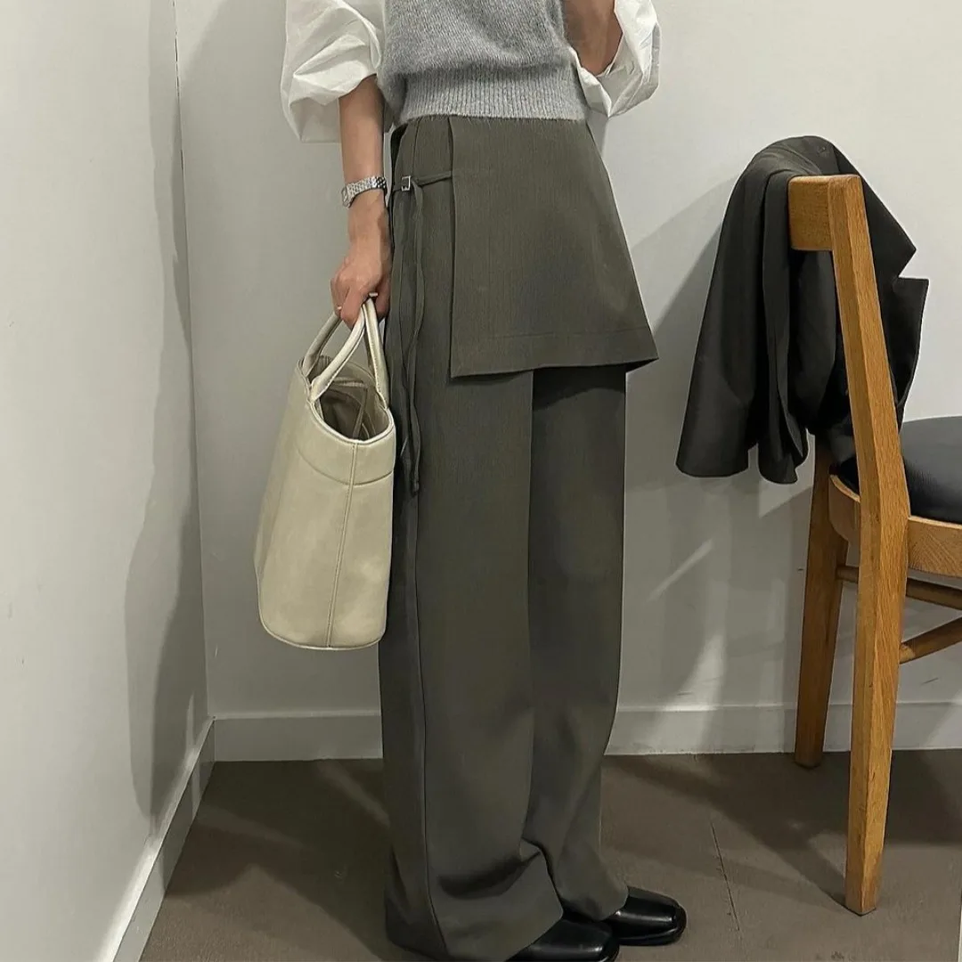 

Chic Early Spring High Waist Straight Leg Cotton Blend Trousers Fake Two-Piece Suit Pants for Young Women 8-24 Years Old
