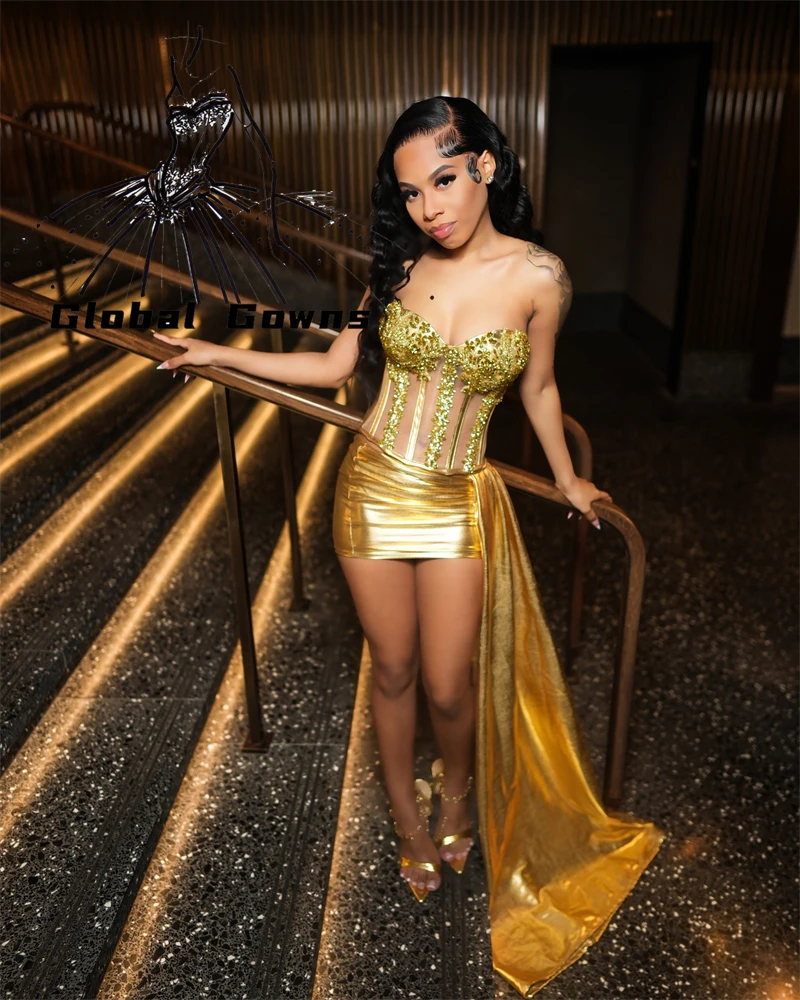 

Золотистые короткие платья для выпускного вечера для черной девушки, платье на день рождения со стразами, женское мини-Коктейльное с боковым шлейфом, 2024