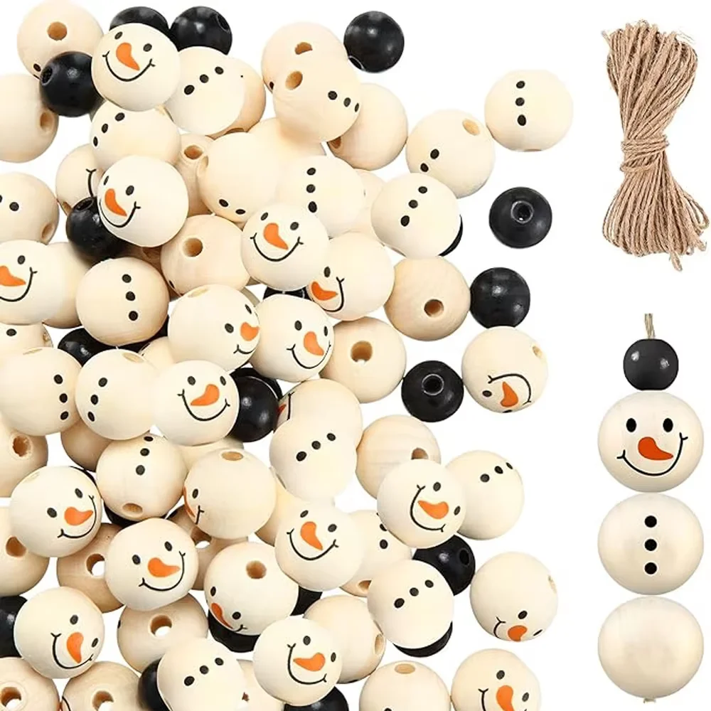 Weihnachts-Schneemann Holzperlen-Set Natürliche Runde Holzperlen mit Schnur DIY Weihnachtsbaum-Girlande Ornament Feiertags-Basteldekor Zubehör