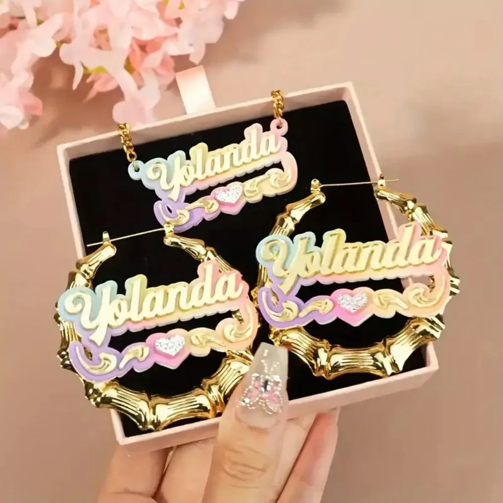 2pcs Customized Acrylic Earrings/necklace Set With Rainbow Gradient Personalized DIY Circular Bamboo Knot Creative Name Necklace