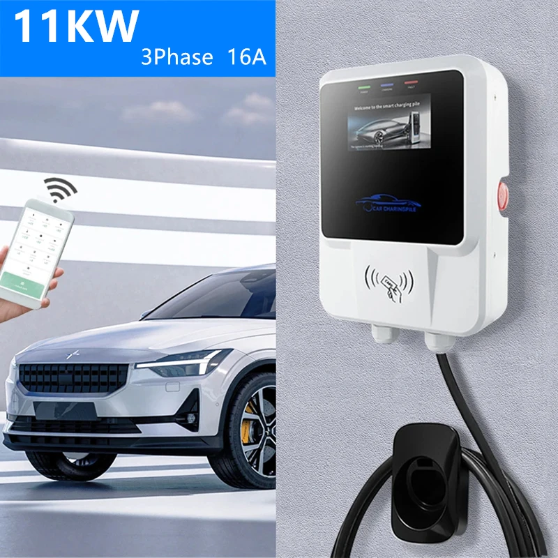 Cargador EV Wallbox para coche eléctrico, Cable de carga trifásico tipo 2, 11kW, 22kW, 32A, 7,6 kW, con soporte, aplicación WIFI