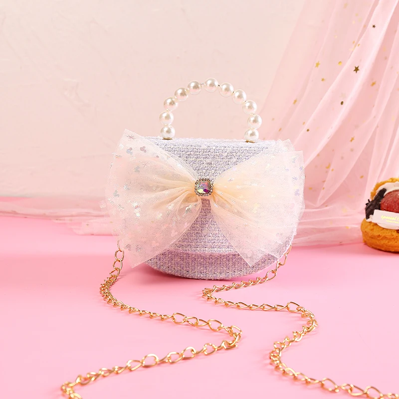 New Bowknot Baby Girls Shoulder Messenger Bag Cute Pearl Chains Children Crossbody Bags Princess Accessories Purse Handbags