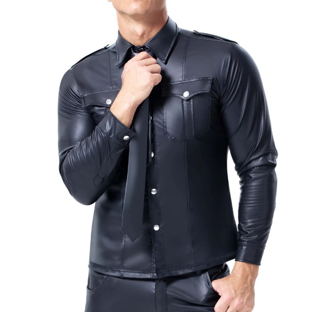 Camisas pretas de couro falso para homens, mangas compridas, bolsos, PU Metal Fastener Tops, Sexy Slim Fit Tees, camisa de fitness extragrande, moda