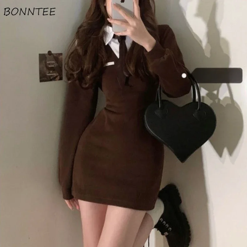 Long Sleeve Hip Wrap Dresses Women Patchwork Autumn Winter Vintage Flattering Waist Students Sexy Slim-fit Harajuku Skinny Chic