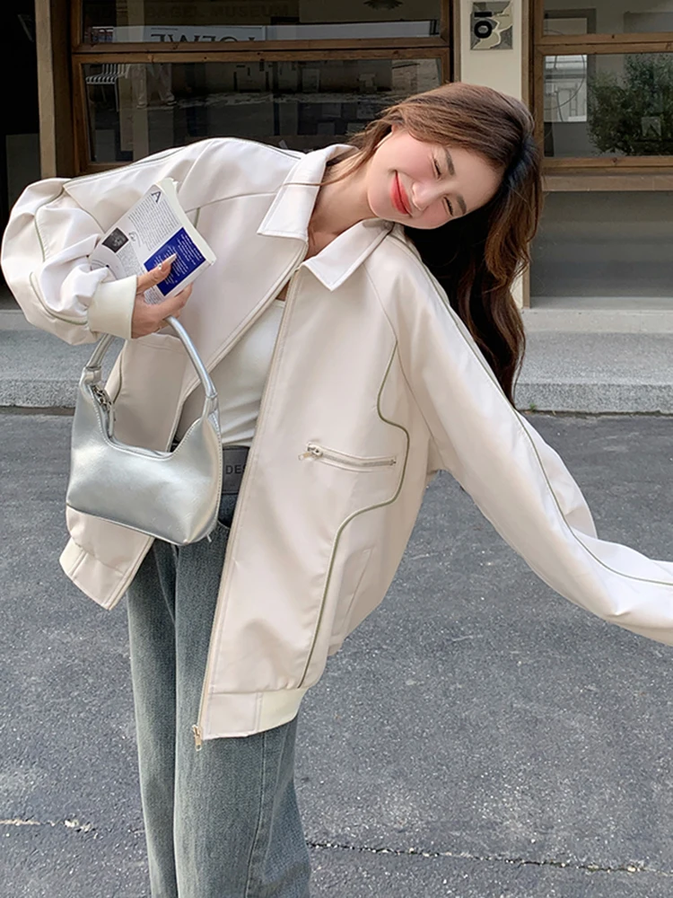 LANMREM Fashion Leather Coat For Women Lapel Long Sleeves Zipper Design Contrast Color Casual Jacket 2024 Autumn New 2Z2768